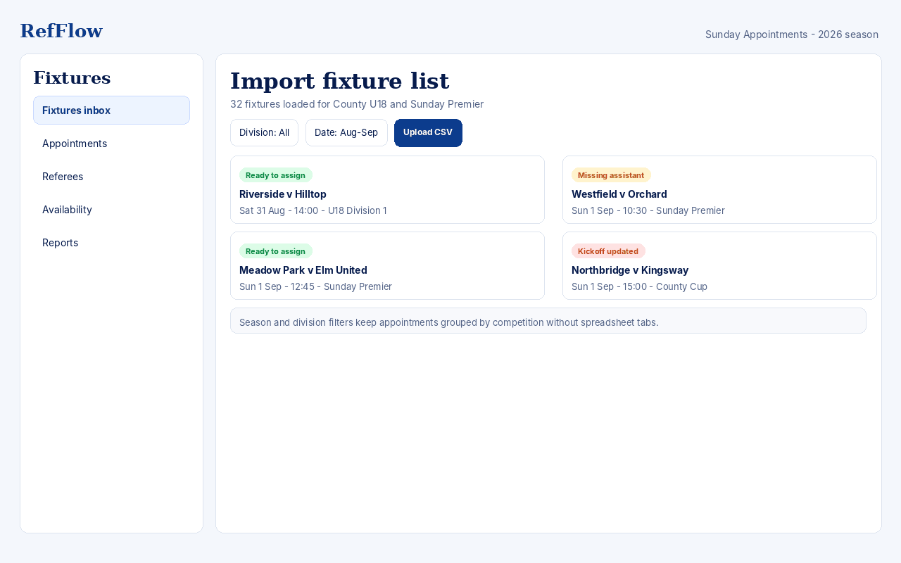 RefFlow fixture workspace showing match cards, appointment status and live coverage metrics